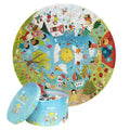 Ronde kinderpuzzel met seizoenen-thema en bijpassende opbergdoos, kleurrijke illustratie van natuur, kinderen en dieren.