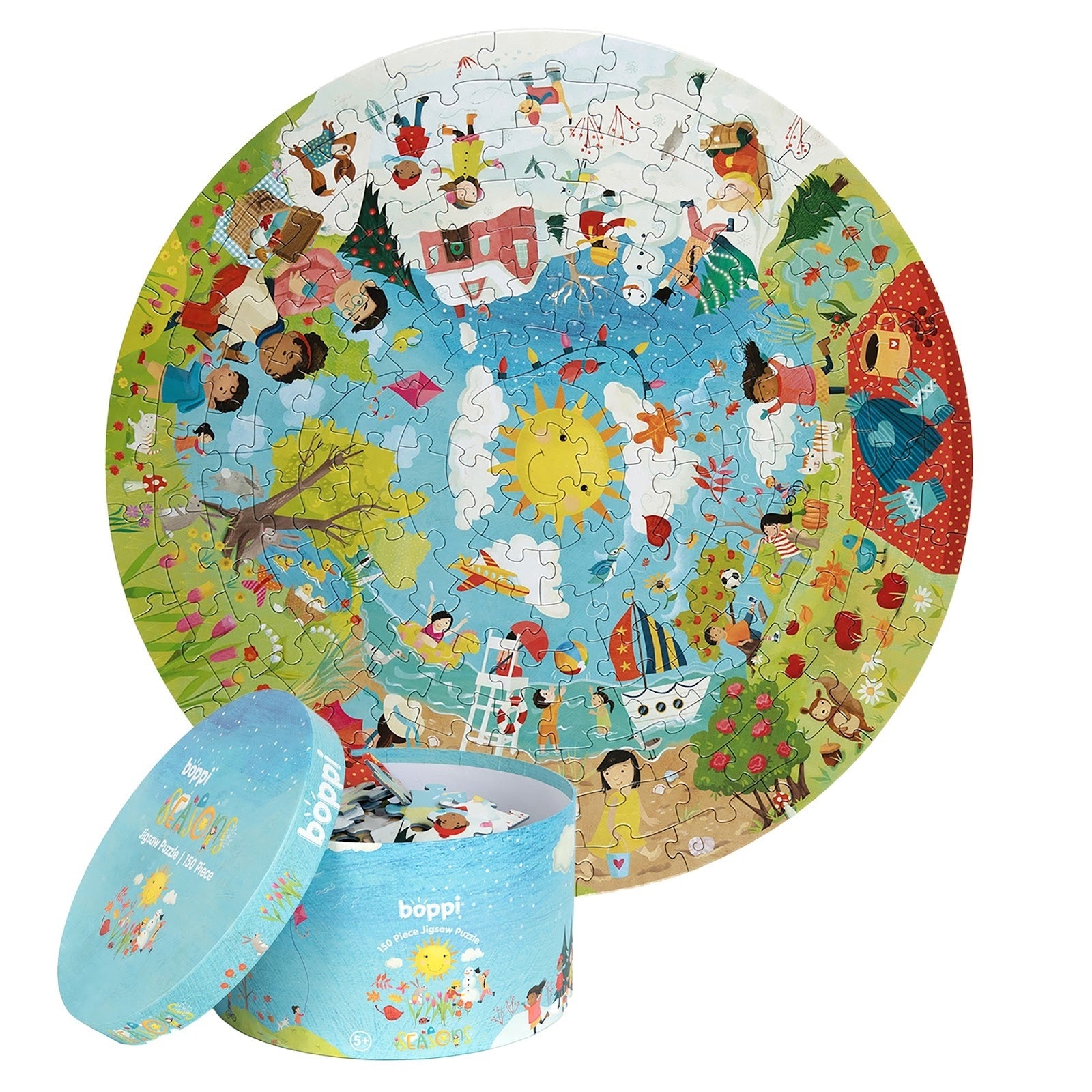 Ronde kinderpuzzel met seizoenen-thema en bijpassende opbergdoos, kleurrijke illustratie van natuur, kinderen en dieren.