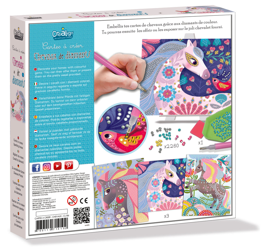 Achterzijde van diamond painting paarden set met inhoud en voorbeeldkaarten