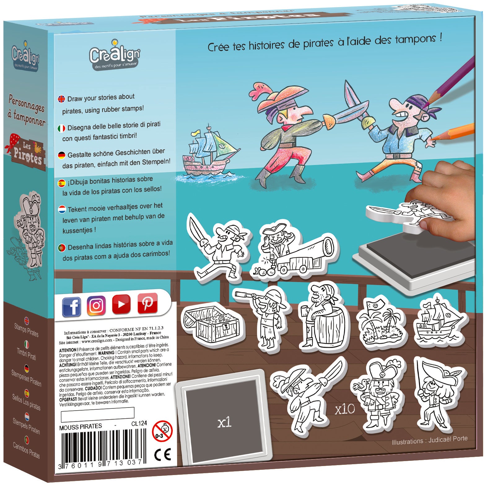 Achterkant van piraten stempelset met verschillende piratenfiguren en inktkussen
