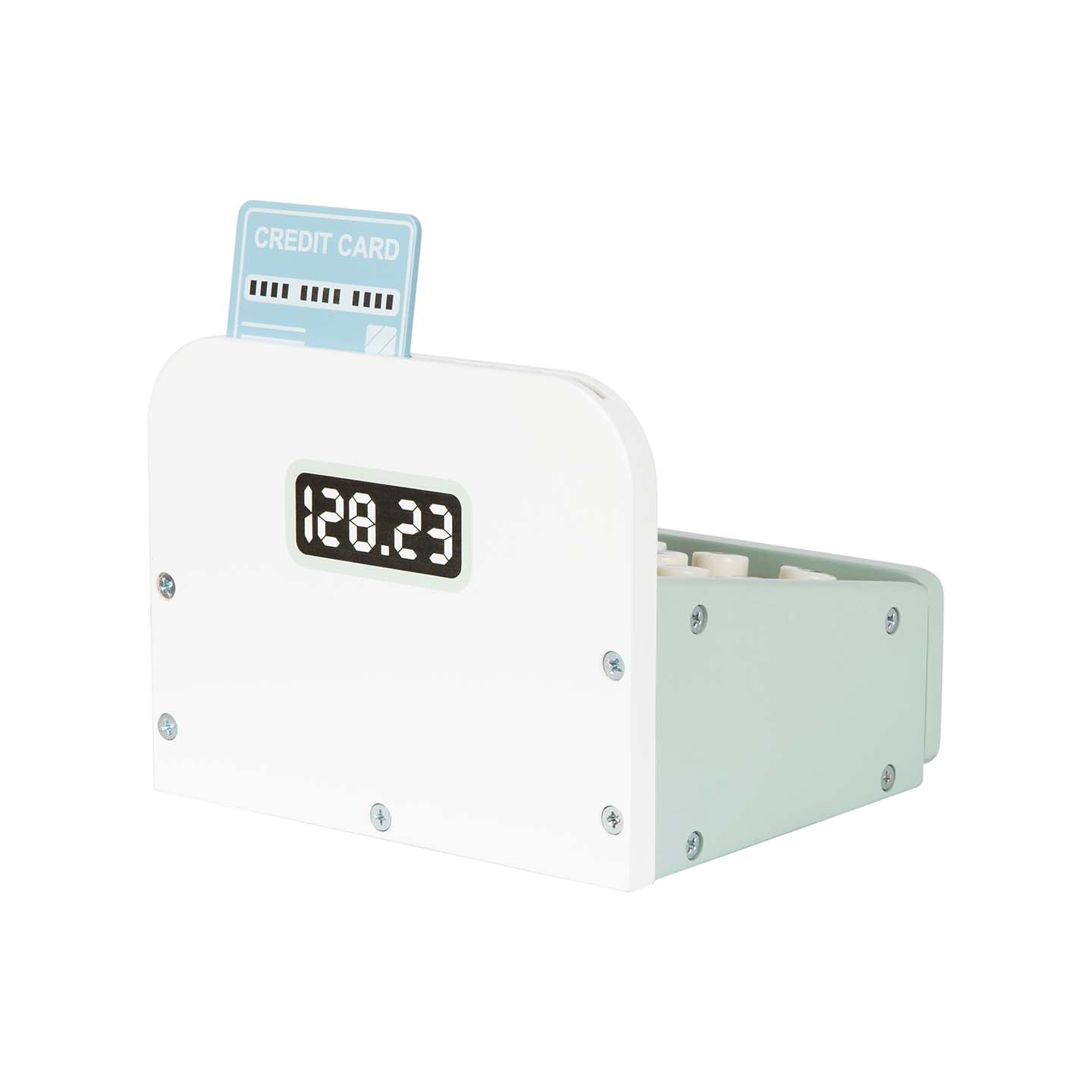 Achterkant van houten speelgoed kassa met display en creditcard voor winkeltje spelen