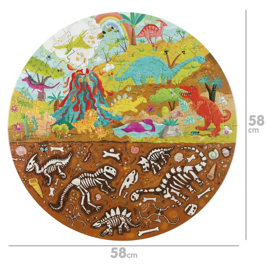 Ronde kinderpuzzel met dinosaurussen en fossielen, kleurrijke illustratie met een diameter van 58 cm.