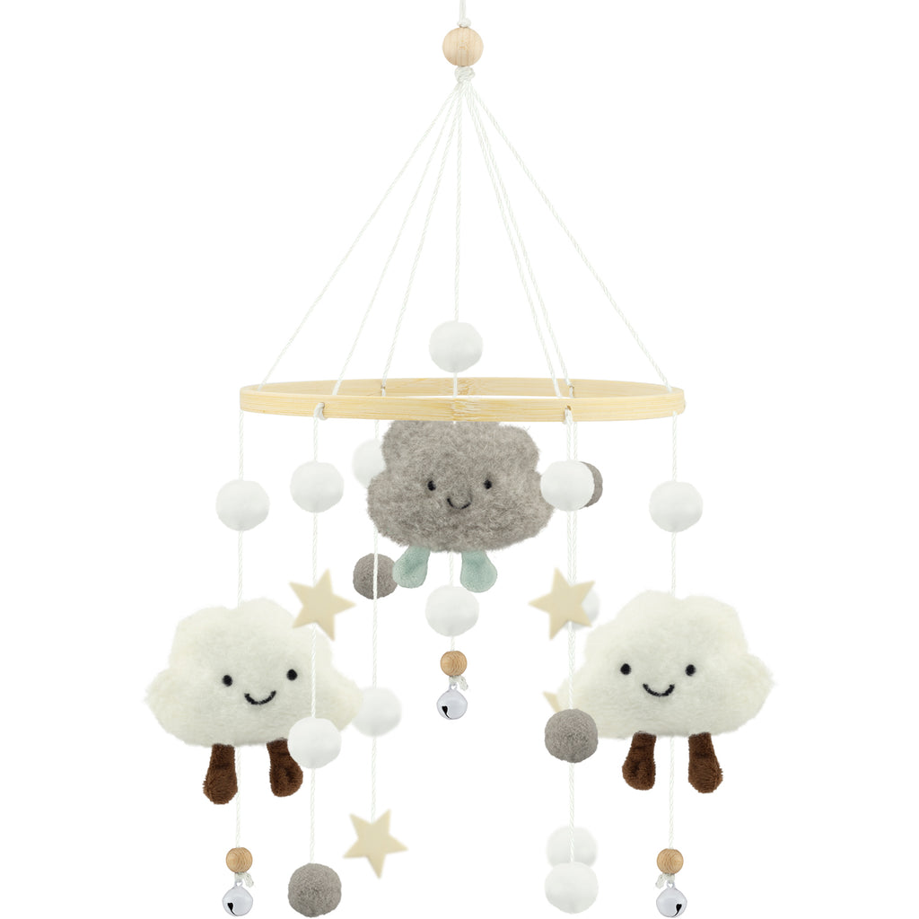 Zachte babymobiel met wolkjes en sterren, handgemaakte mobiel voor babykamer, box of wieg in neutrale kleuren.
