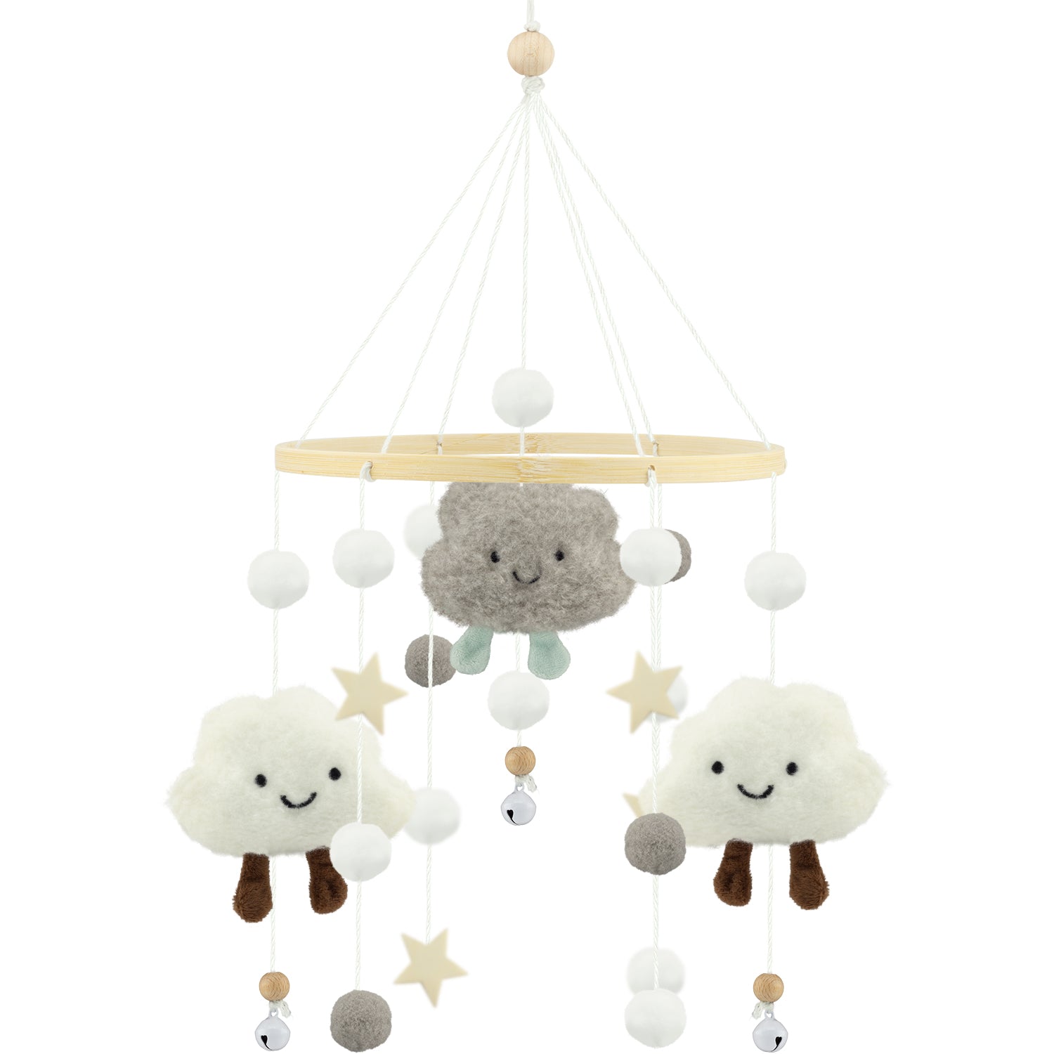 Zachte babymobiel met wolkjes en sterren, handgemaakte mobiel voor babykamer, box of wieg in neutrale kleuren.