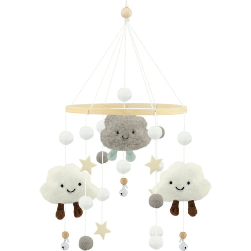 Zachte babymobiel met wolkjes en sterren, handgemaakte mobiel voor babykamer, box of wieg in neutrale kleuren.