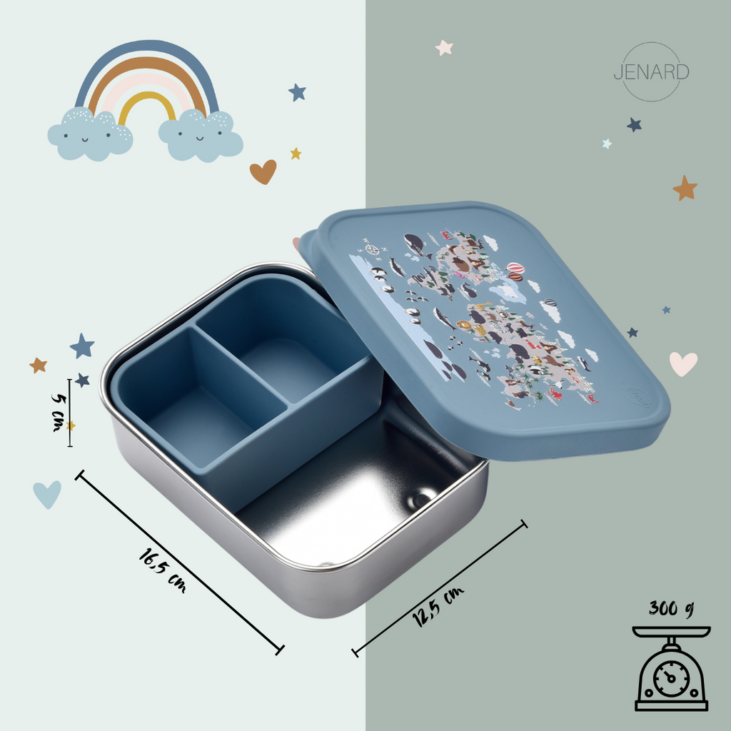 Geopende blauwe lunchbox met roestvrijstalen basis en uitneembare siliconen verdeler, met afmetingen weergegeven.