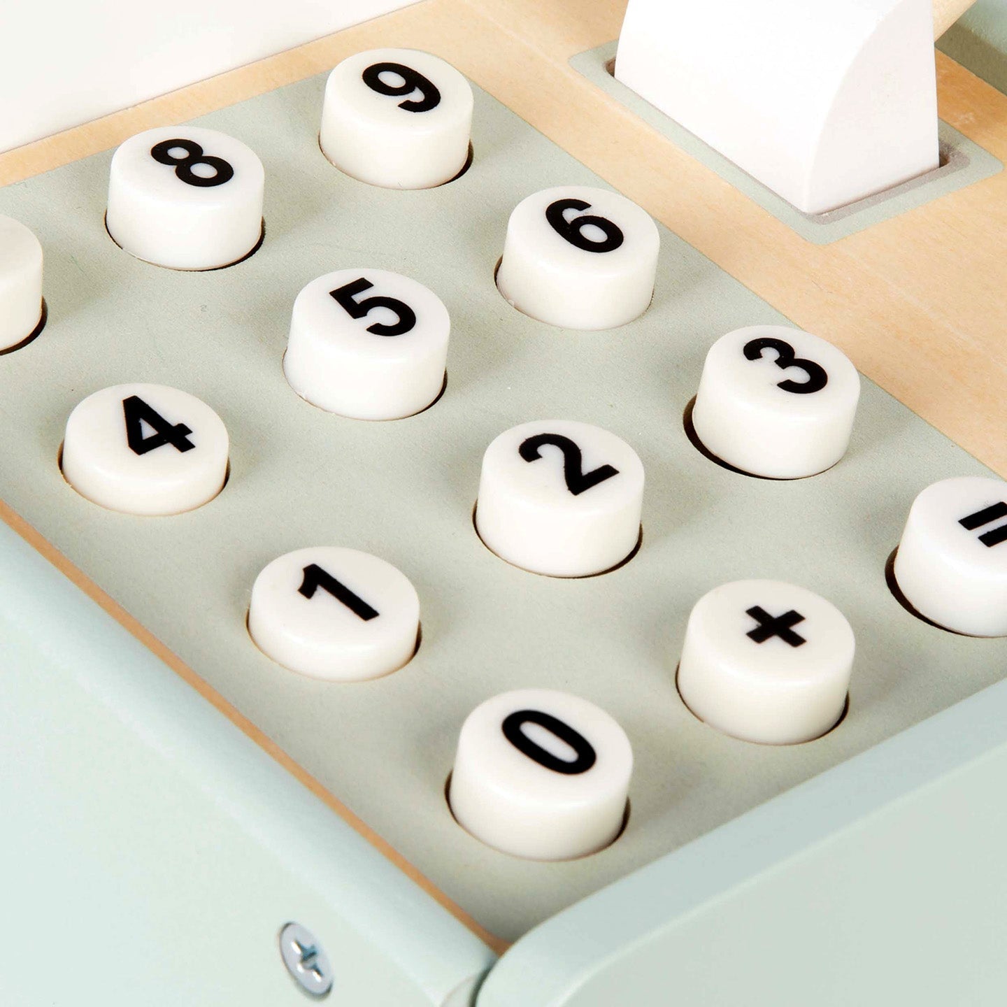 Close-up van houten speelgoed kassa met cijferknoppen voor kinderen