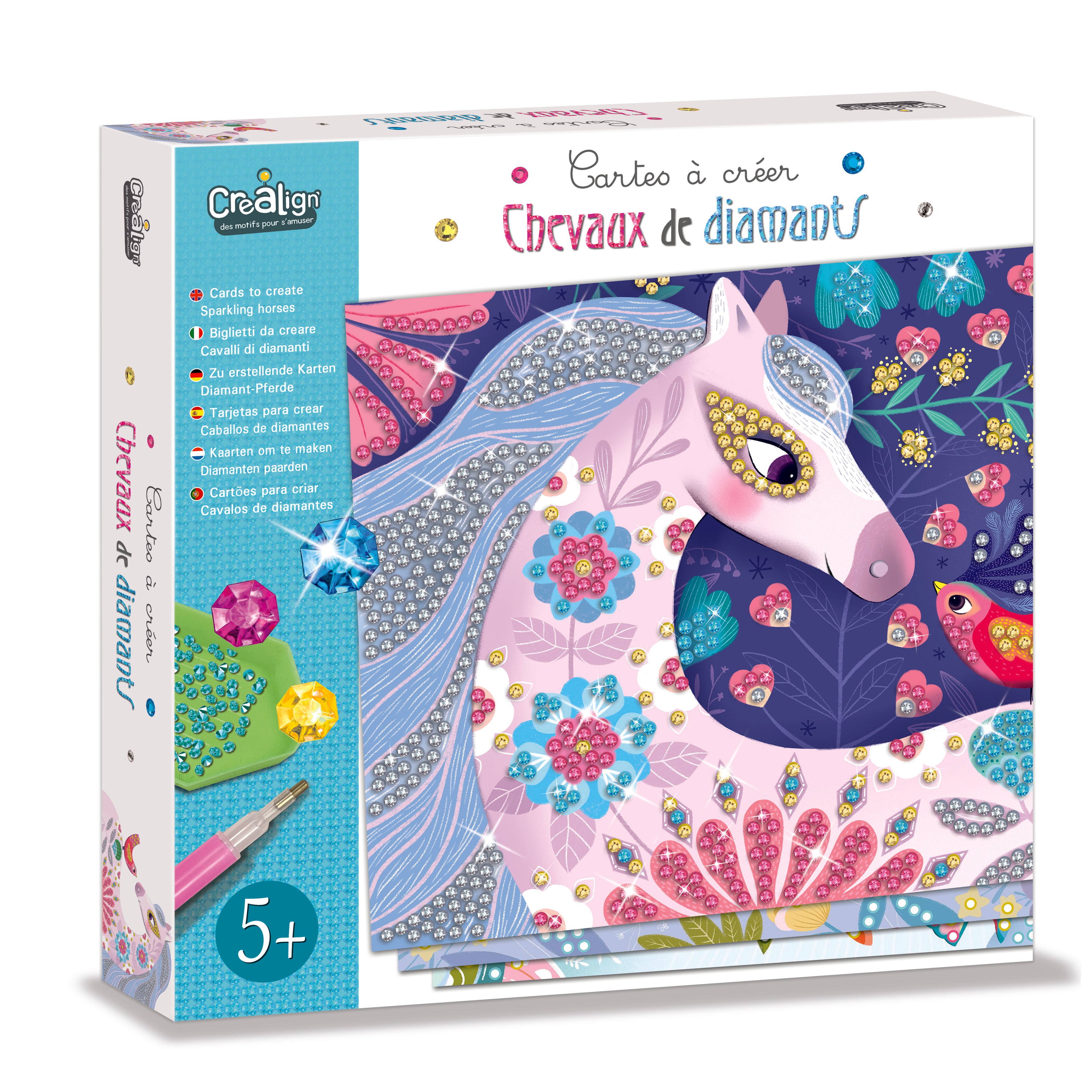 Diamond painting paarden knutselset voor kinderen met paardenkaarten en gekleurde strass steentjes