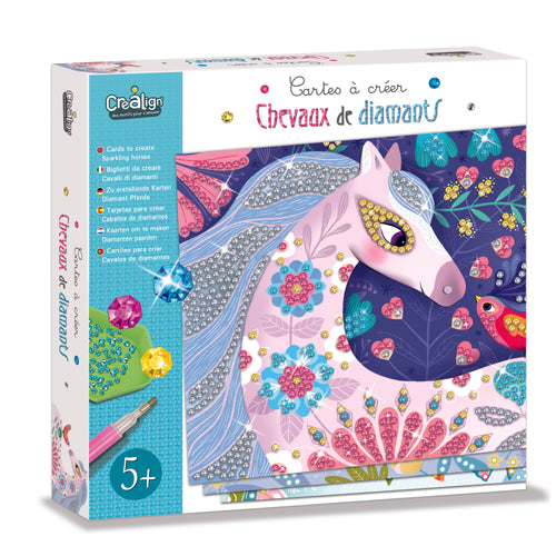 Diamond painting paarden knutselset voor kinderen met paardenkaarten en gekleurde strass steentjes