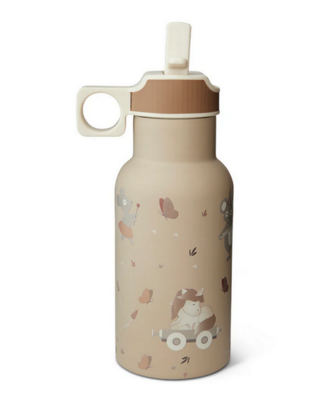 Kinder drinkfles van roestvrij staal met rietje en handvat, beige design