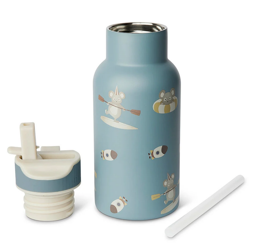 RVS kinder drinkfles met los rietje en drinkdop, blauw met illustraties