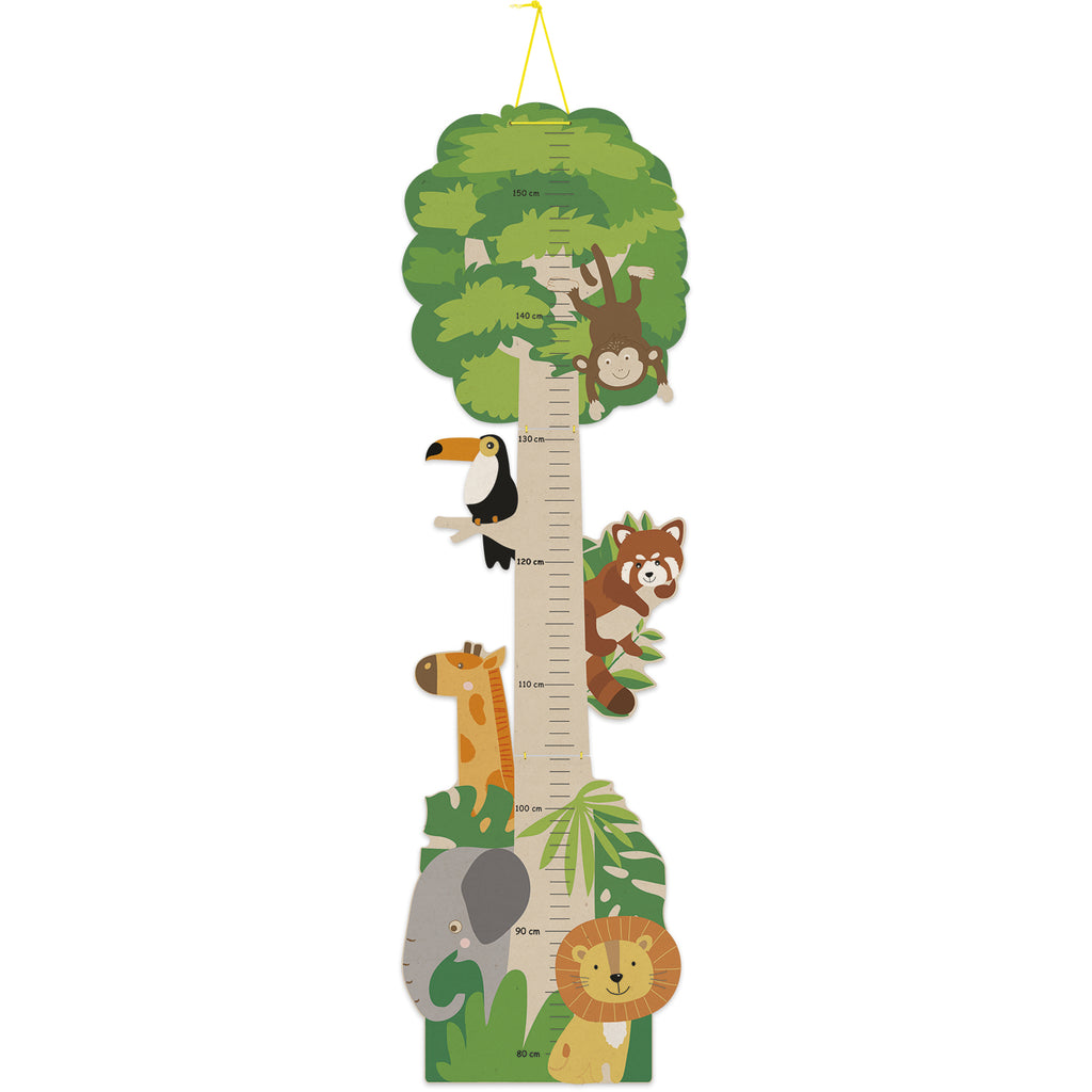 Houten groeimeter voor kinderen in savanne-thema met boom, meetlat en dierenillustraties, geschikt om aan de muur te hangen.
