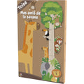 Verpakking van een houten groeimeter voor kinderen met savanne-dieren zoals giraffe, olifant, leeuw, aap en toekan.