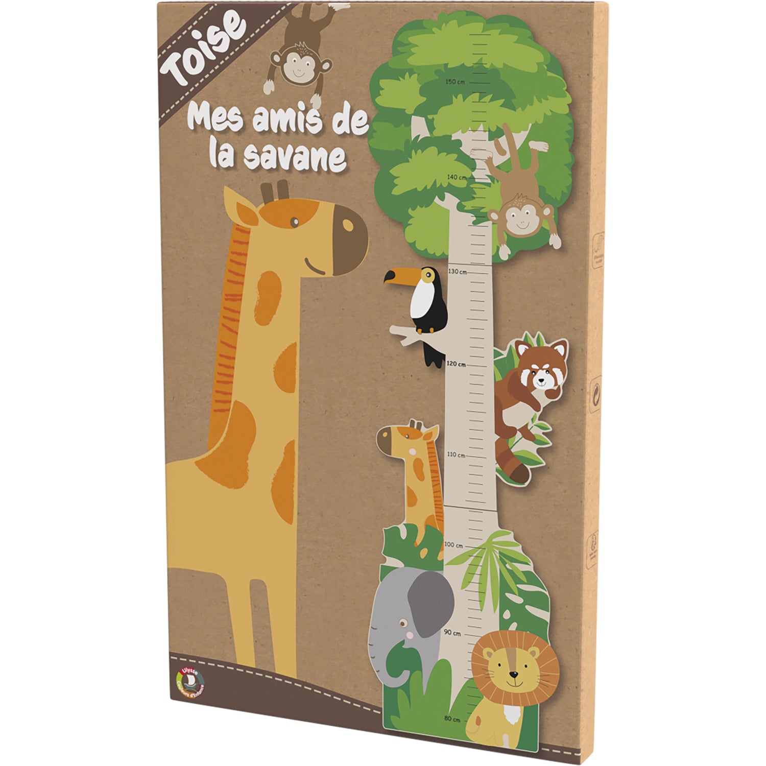 Verpakking van een houten groeimeter voor kinderen met savanne-dieren zoals giraffe, olifant, leeuw, aap en toekan.