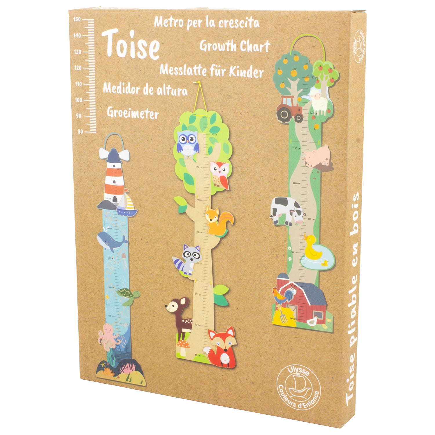 Verpakking van een houten groeimeter voor kinderen met boerderijthema en dierenillustraties.