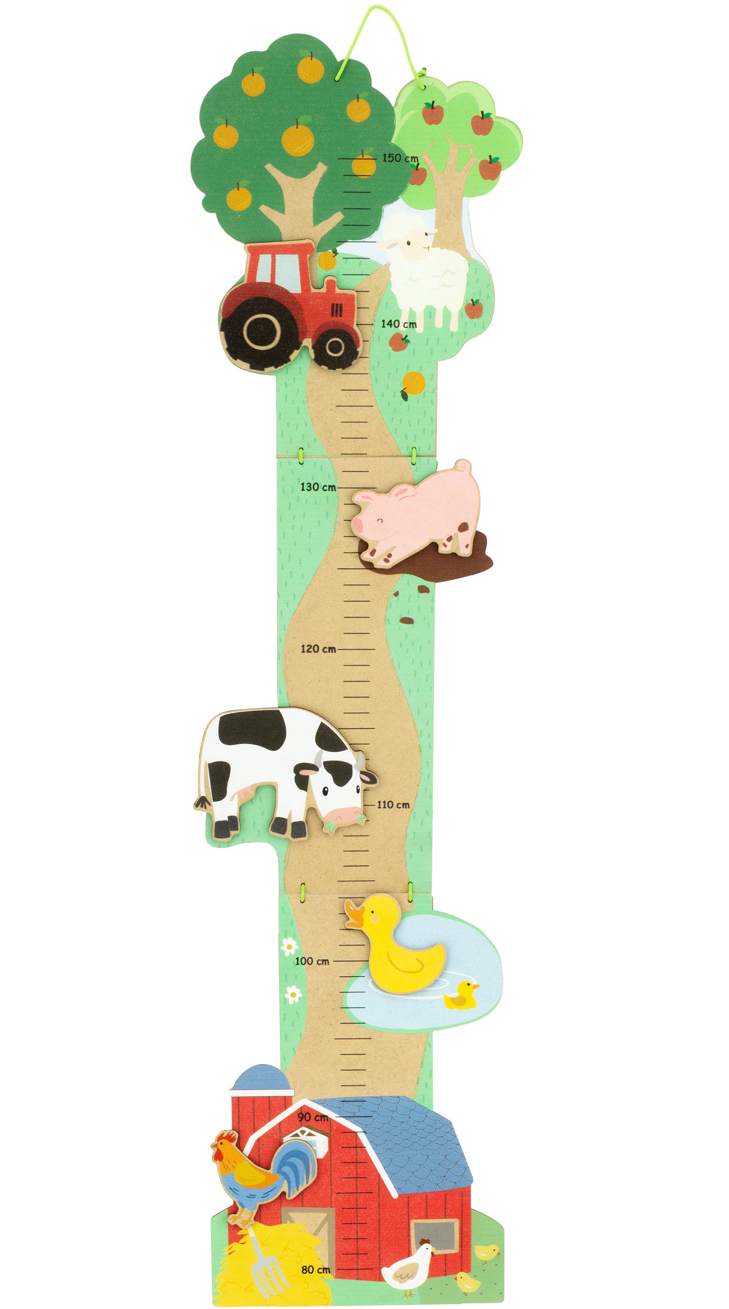 Houten groeimeter met boerderijdieren zoals koe, varken, eend en kip, volledig uitgevouwen.