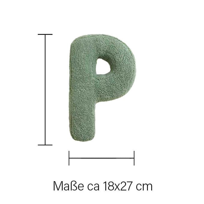 Groene teddy letter P met afmeting ca. 18 × 27 cm, zachte letterdecoratie om op te hangen aan de muur.