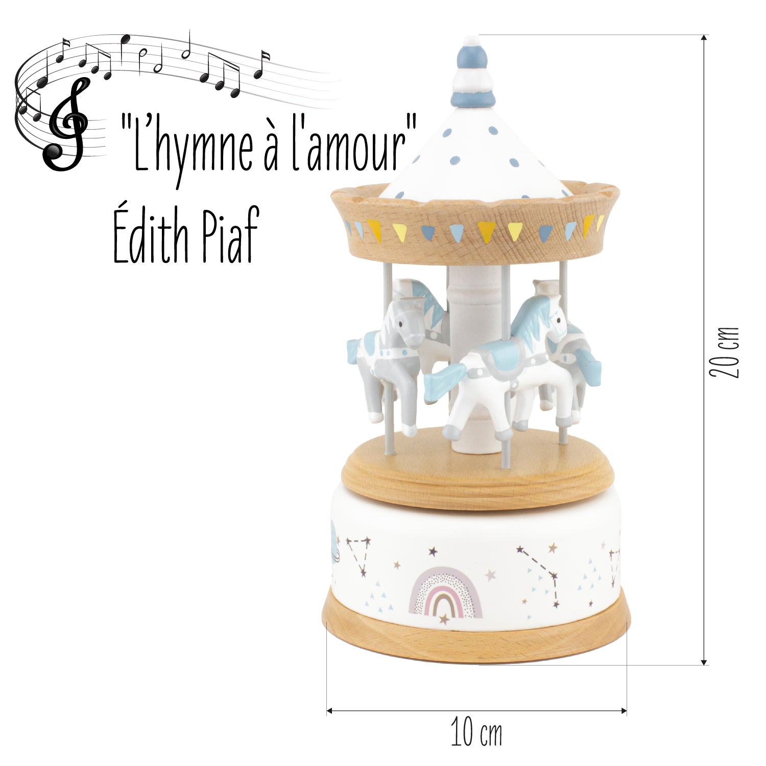 Muziekcarrousel van hout met paarden, inclusief afmetingen en muziekvermelding.