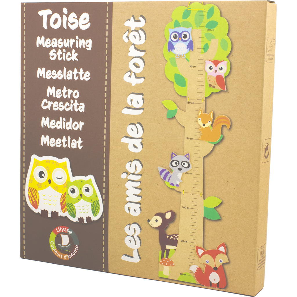 Houten groeimeter kinderkamer met bosdieren zoals vos, uilen, eekhoorn, wasbeer en hertje