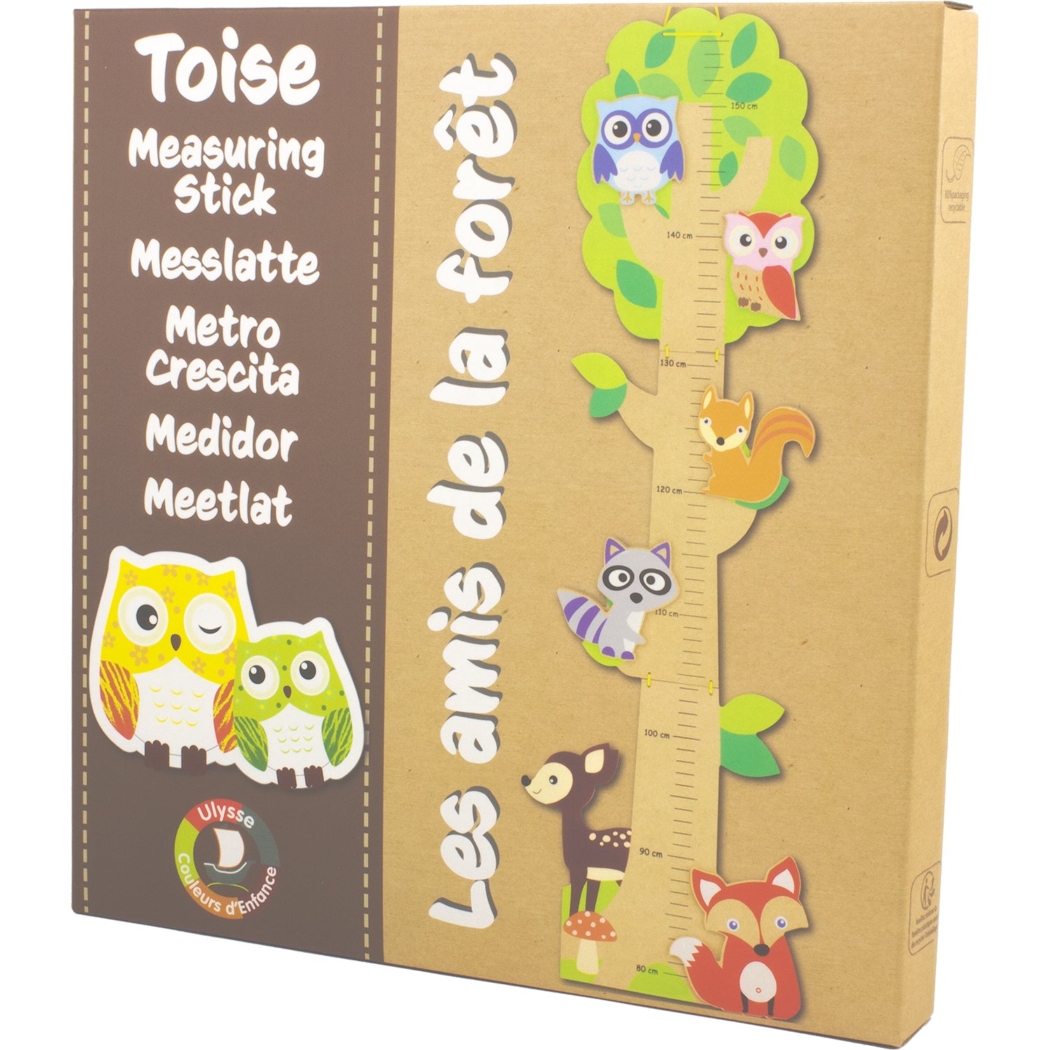 Houten groeimeter kinderkamer met bosdieren zoals vos, uilen, eekhoorn, wasbeer en hertje