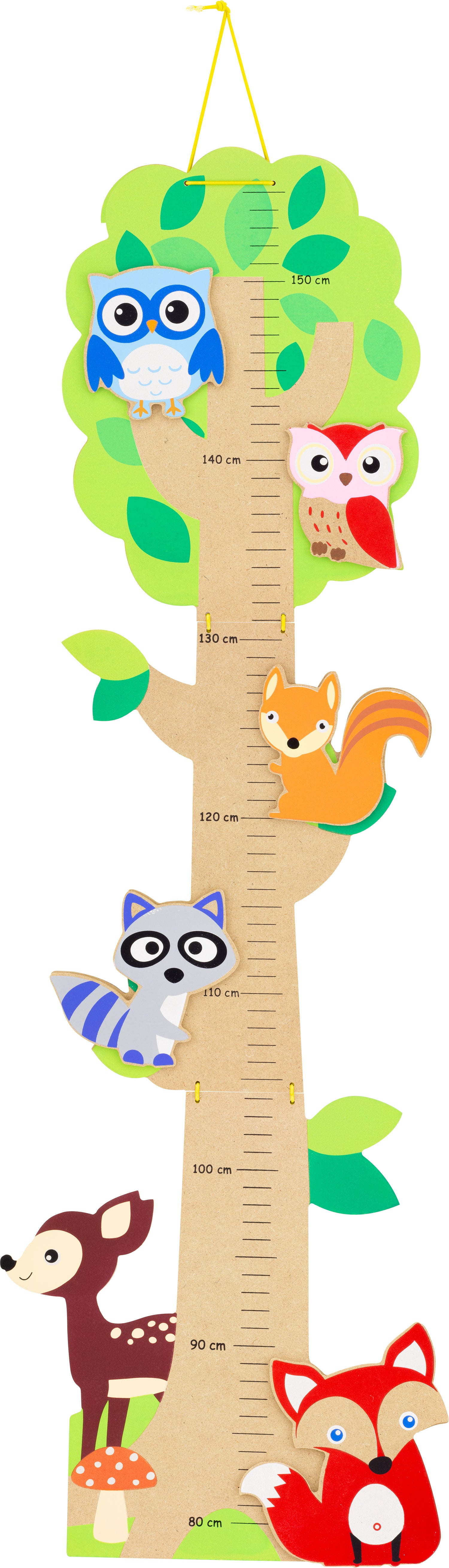 Houten groeimeter kinderkamer met bosdieren zoals vos, uilen, eekhoorn, wasbeer en hertje 