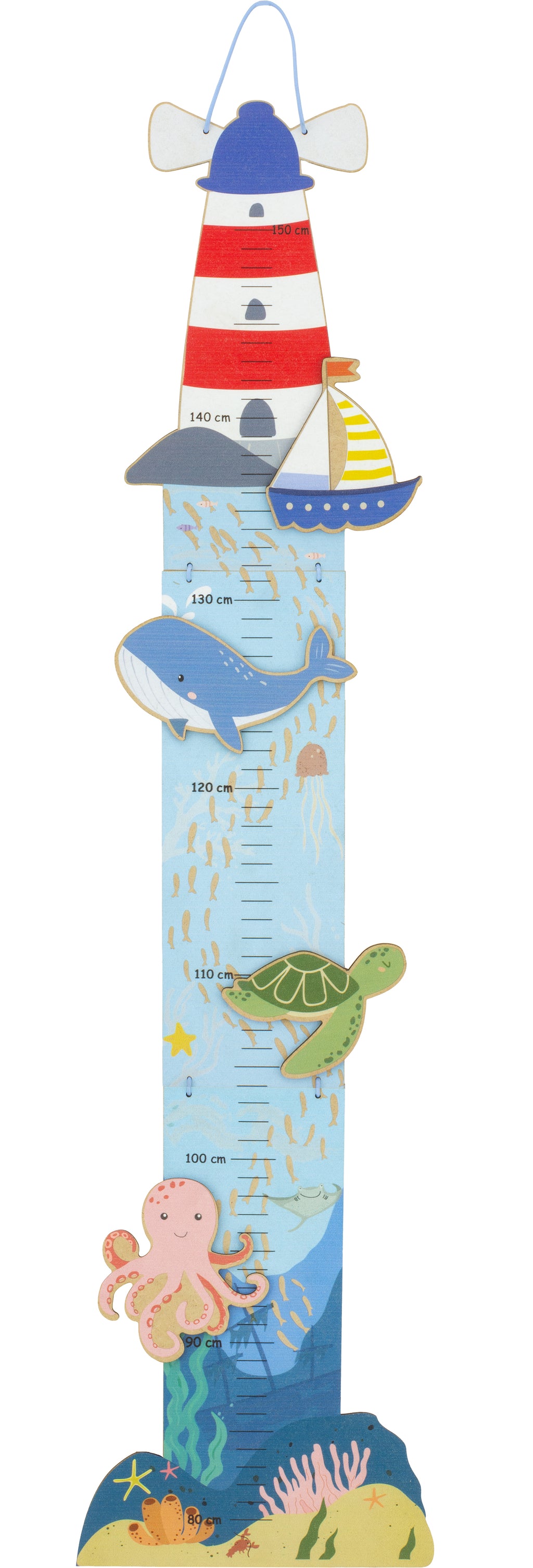 Houten groeimeter voor kinderen met zeedieren, decoratieve wand meetlat met walvis, schildpad en octopus.