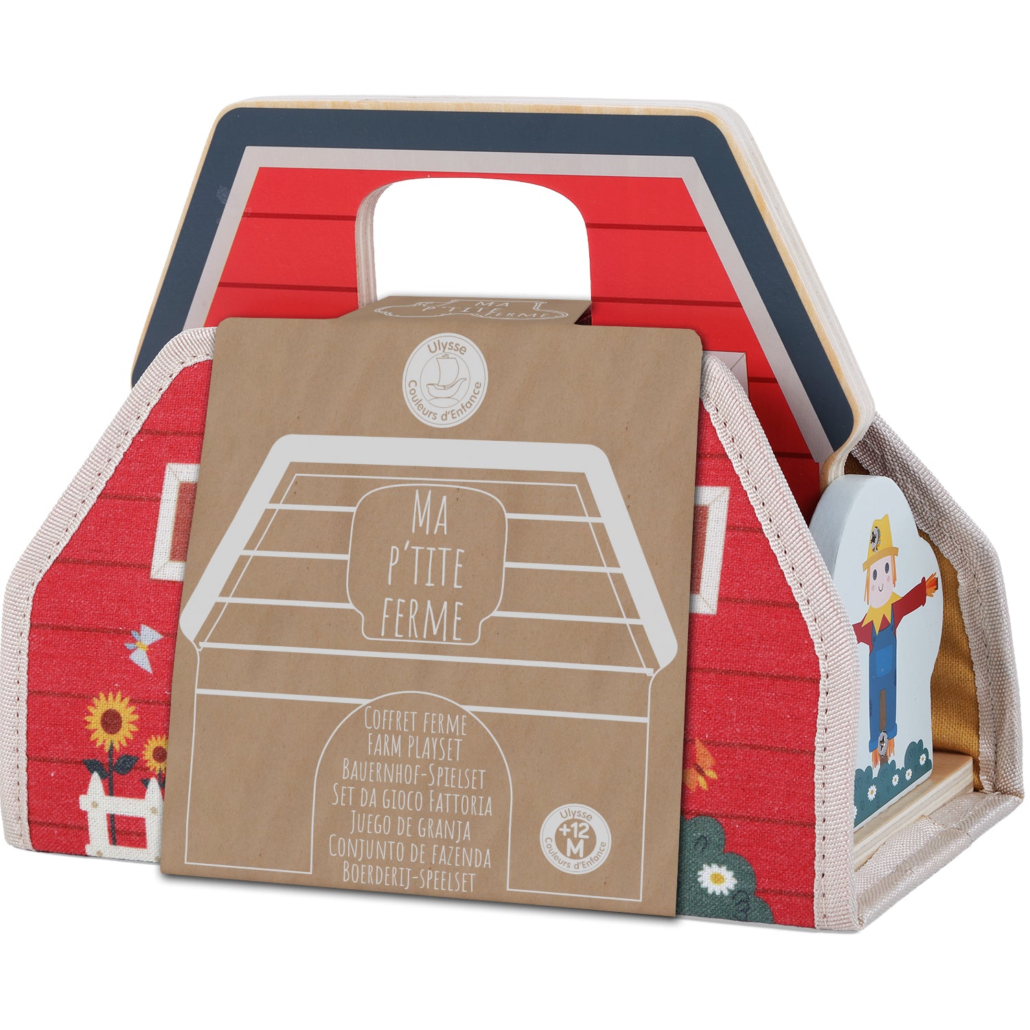 Verpakking van houten boerderij speelgoed “Ma p’tite ferme” met draaghoes en speelonderdelen.