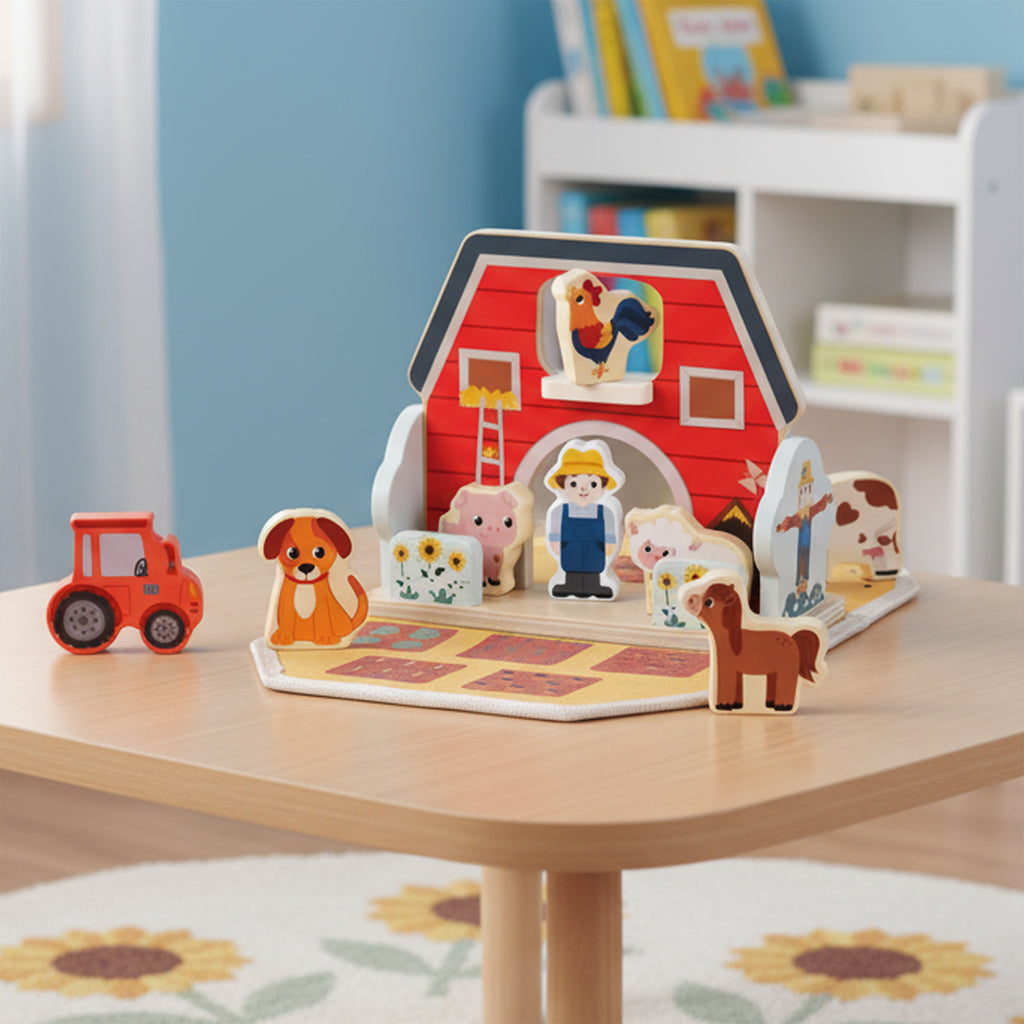 Houten boerderij speelgoed opgesteld op tafel in kinderkamer, met dierenfiguren en tractor.