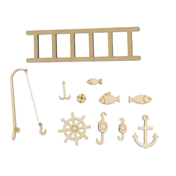 Houten maritieme accessoires zoals anker, stuurwiel, vissen en hengel voor Muizenhuis To Go Zeeman Kajuit