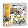 Creatieve knutselset met kartonnen bouwvoertuigen van Crealign, inclusief kiepwagen en graafmachine om te kleuren en in elkaar te zetten