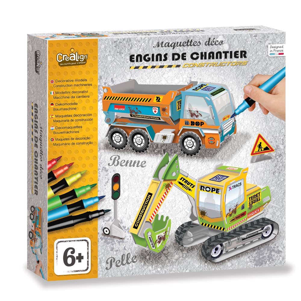 Creatieve knutselset met kartonnen bouwvoertuigen van Crealign, inclusief kiepwagen en graafmachine om te kleuren en in elkaar te zetten