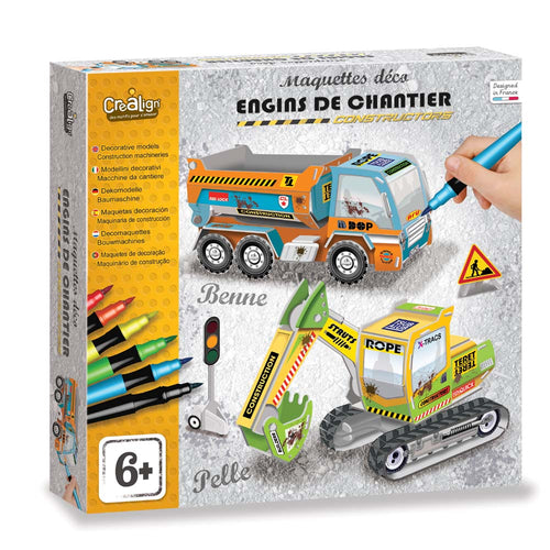 Creatieve knutselset met kartonnen bouwvoertuigen van Crealign, inclusief kiepwagen en graafmachine om te kleuren en in elkaar te zetten