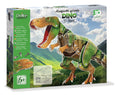 Doos van een grote kartonnen 3D T-Rex met afbeelding van het volledig gemonteerde dinosaurusmodel.
