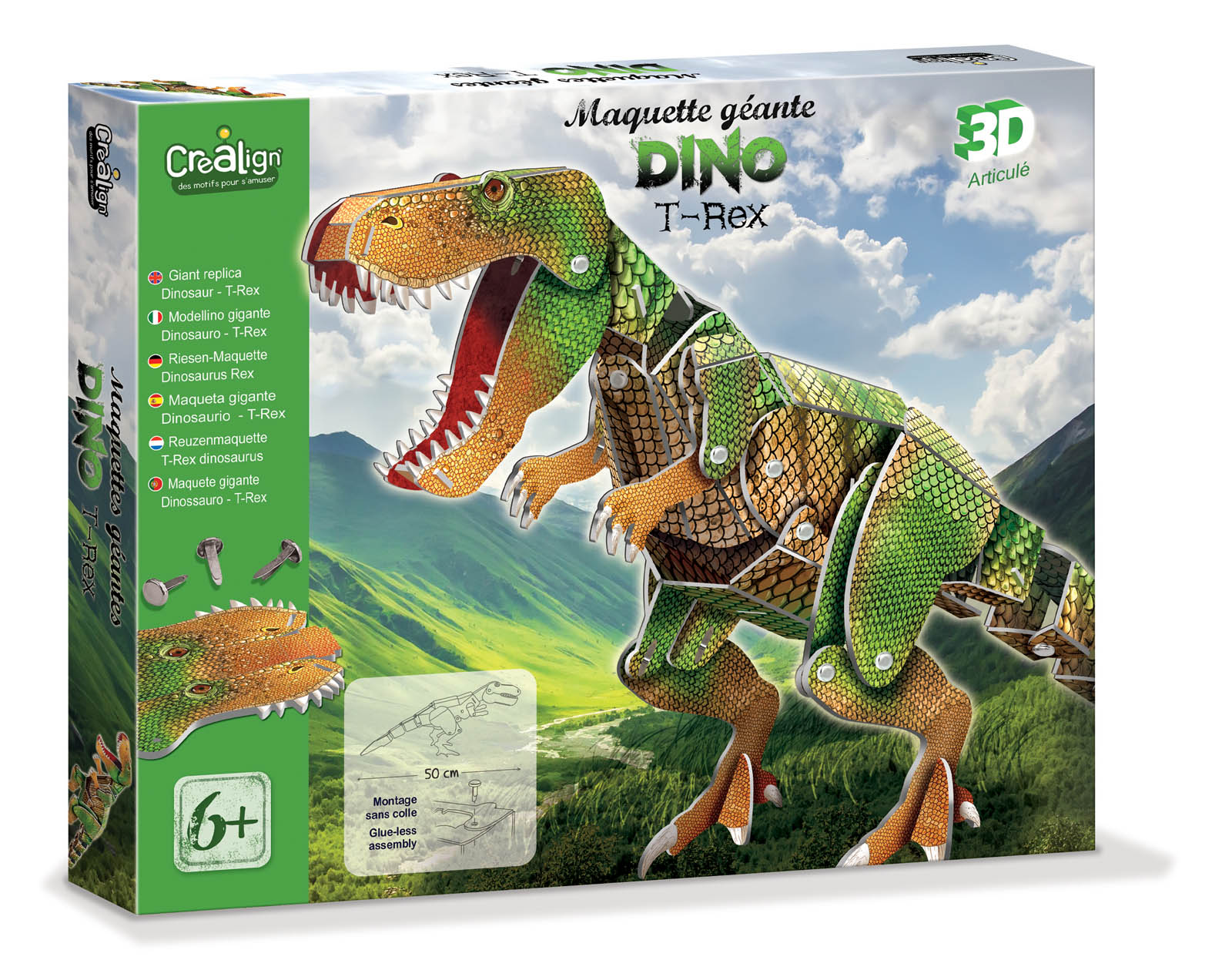 Doos van een grote kartonnen 3D T-Rex met afbeelding van het volledig gemonteerde dinosaurusmodel.