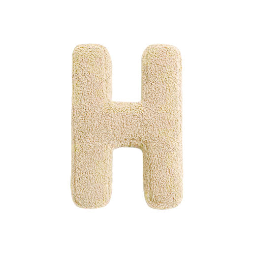 Zacht letterkussen H in wit teddy stof, decoratief kussen voor baby- en kinderkamer.