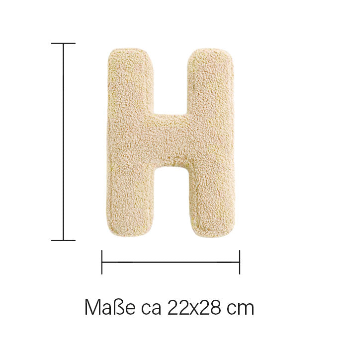 Witte letterkussen H van zachte teddy stof met afmeting ca. 22 × 28 cm, ideaal als decoratie voor de kinderkamer.