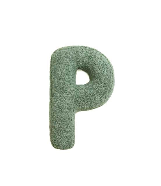 Groene teddy letter P als kamer decoratie, zachte stoffen letter voor baby- of kinderkamer.