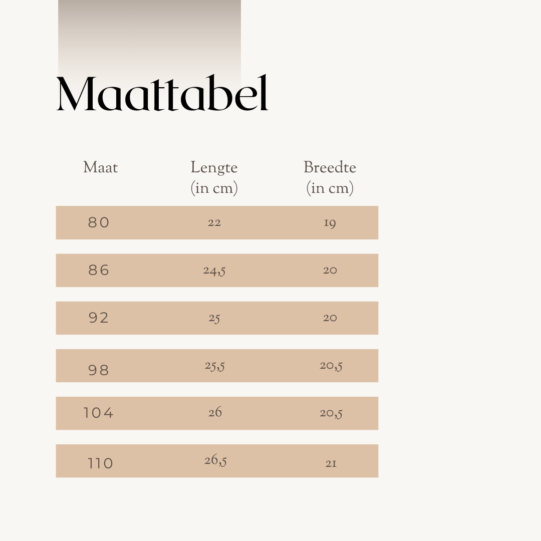 Maattabel met lengtes en breedtes in centimeters voor kinderkleding, maten 80 tot 110.