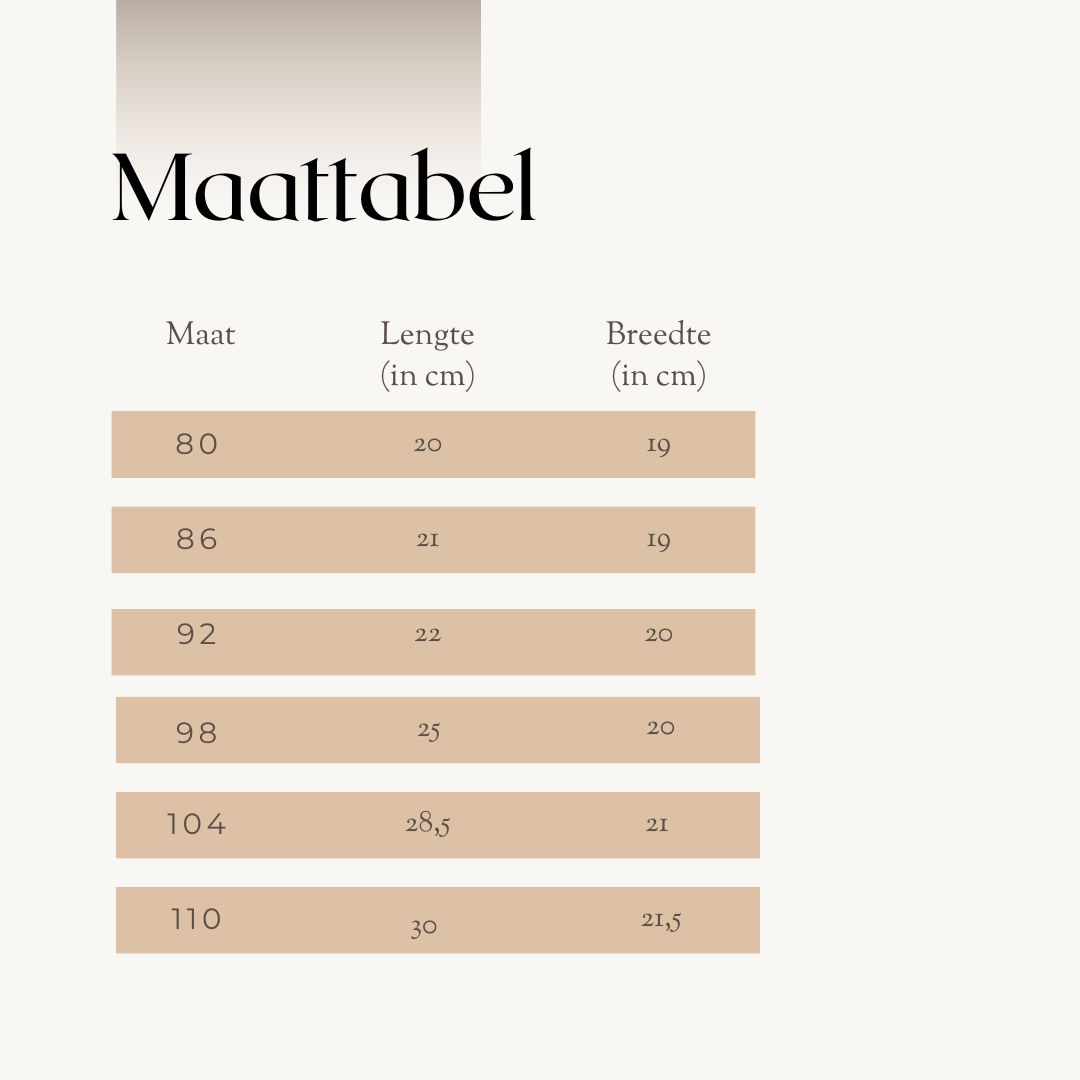Maattabel met lengtes en breedtes in centimeters voor kinderkleding, maten 80 tot 110.