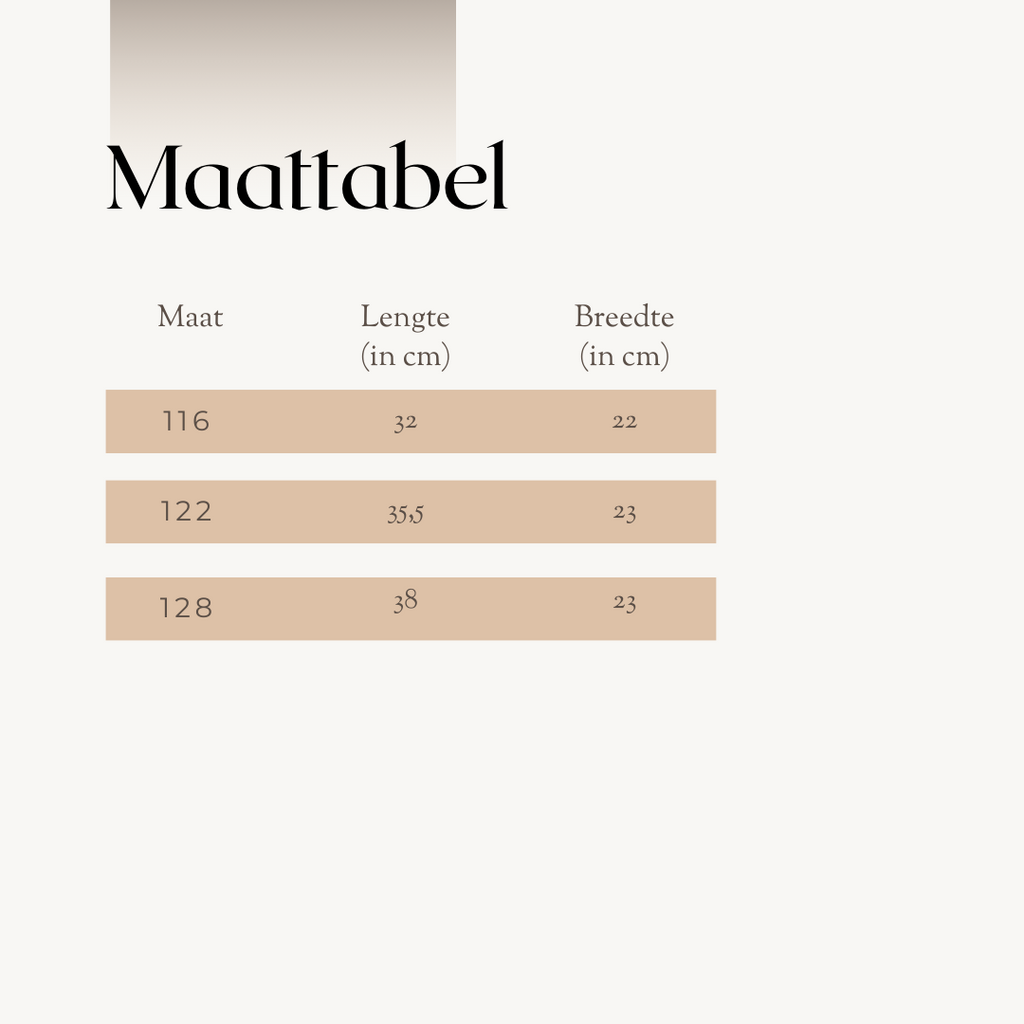 Maattabel met lengtes en breedtes in centimeters voor kinderkleding, maten 116 tot 128.