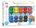 Verpakking met negen ergonomische waskrijtjes in verschillende kleuren, ontworpen voor jonge kinderen, met illustratie van een kinderhand die een krijtje vasthoudt.