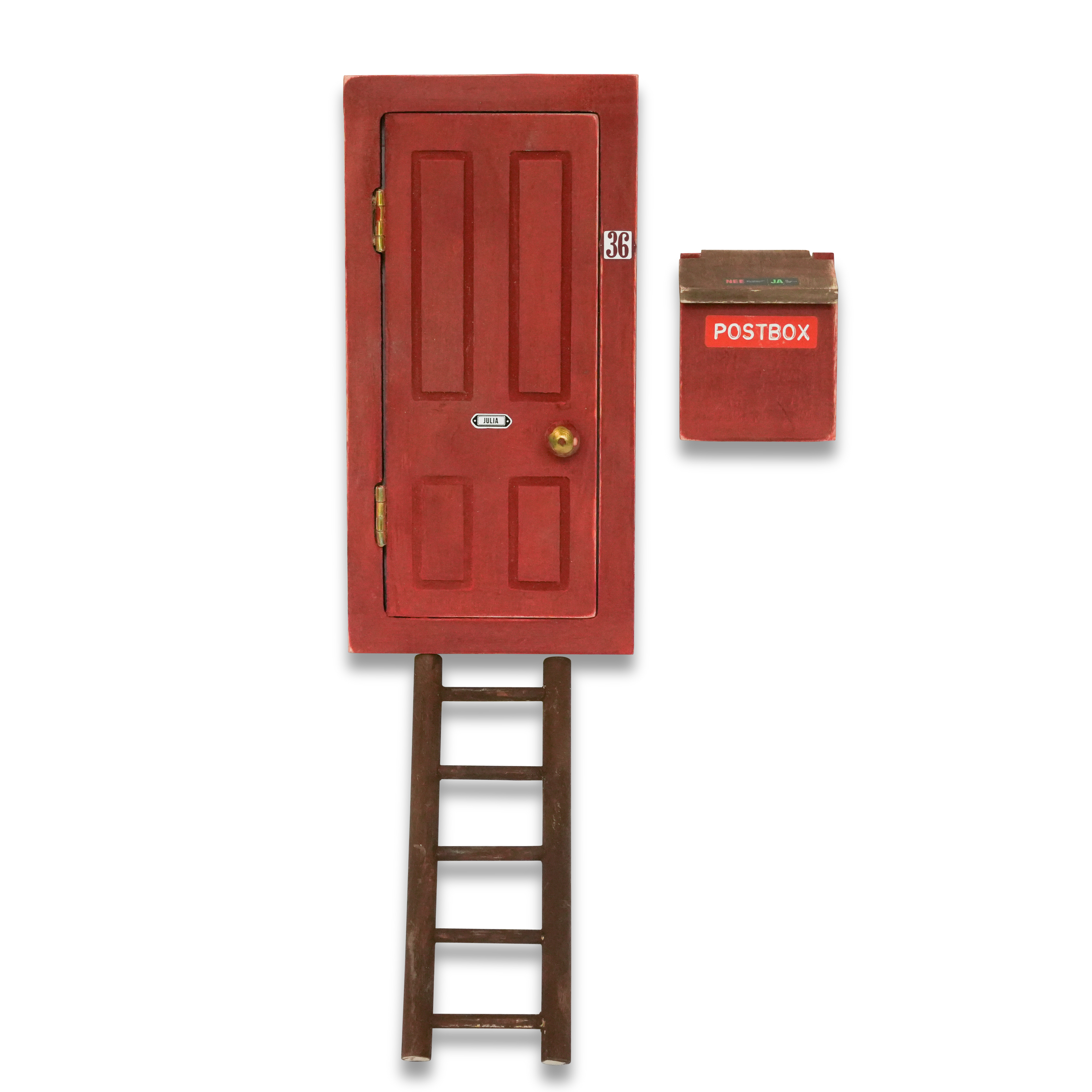 Sam & Julia Little Mouse Door rood muizendeurtje met ladder en postbox – fantasierijke wanddecoratie
