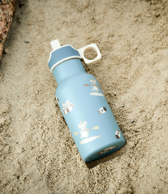 Roestvrijstalen kinder drinkfles met rietje en handvat, blauw design
