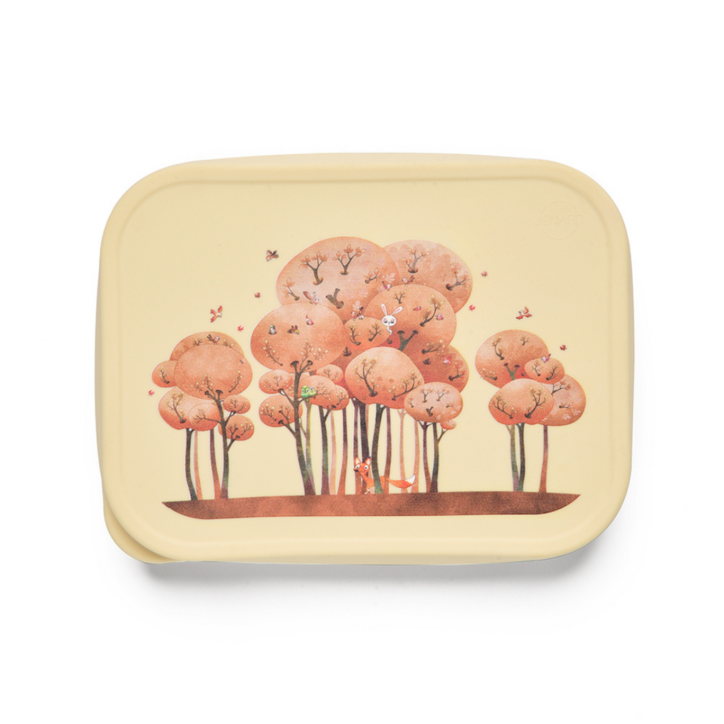 Beige RVS lunchbox met illustratie van herfstbos en dieren op het deksel