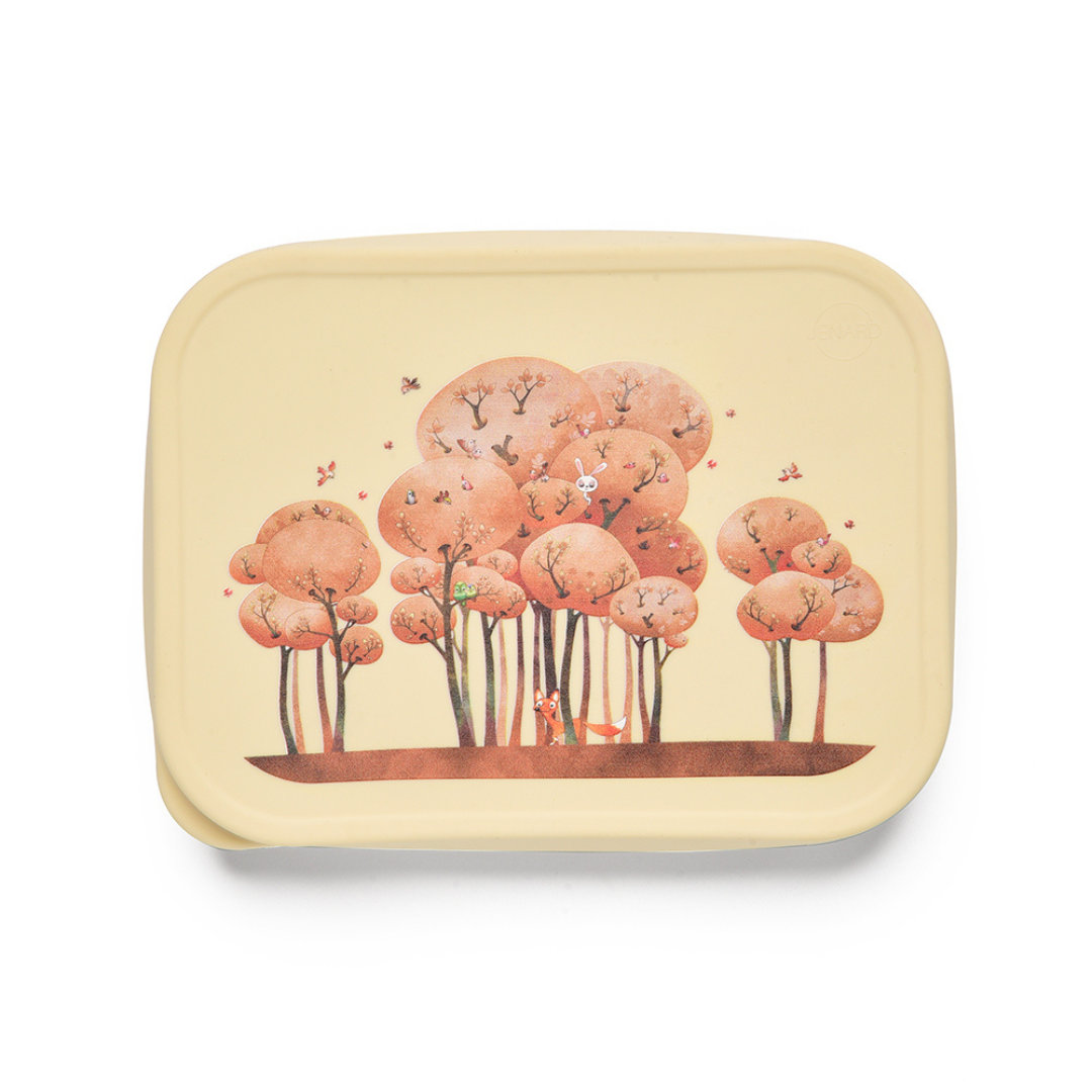 Beige RVS lunchbox met illustratie van herfstbos en dieren op het deksel