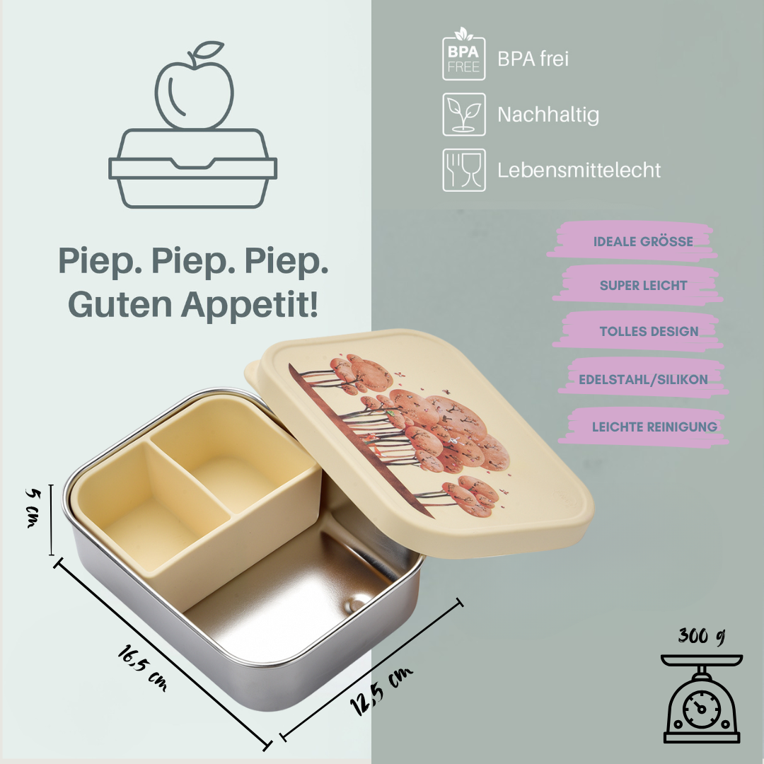 Geopende RVS lunchbox met siliconen inzet, compartimenten en afmetingen weergegeven