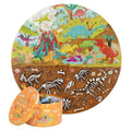 Ronde kinderpuzzel met dinosaurus-thema en bijpassende opbergdoos, illustratie van dinosaurussen en skeletten.