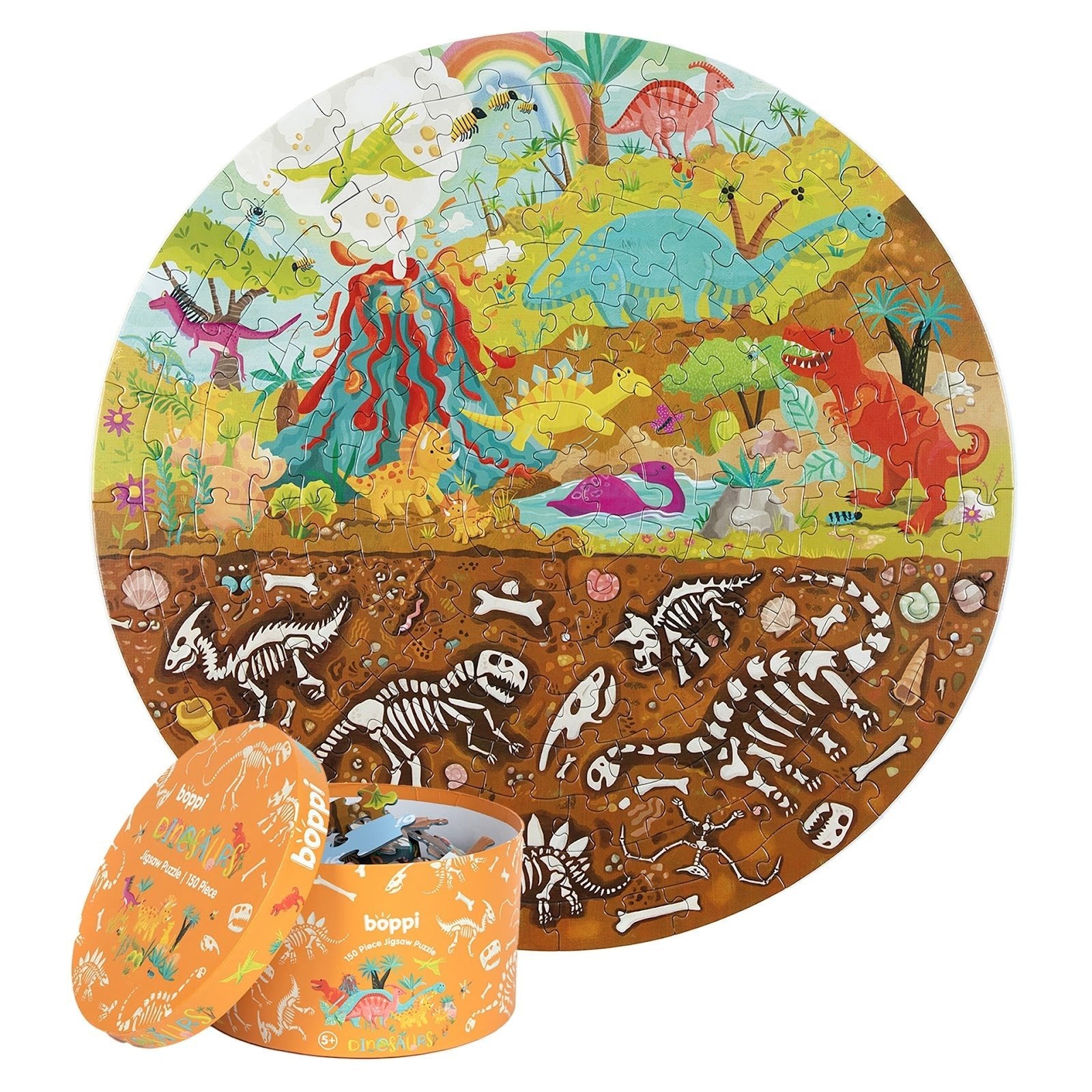 Ronde kinderpuzzel met dinosaurus-thema en bijpassende opbergdoos, illustratie van dinosaurussen en skeletten.