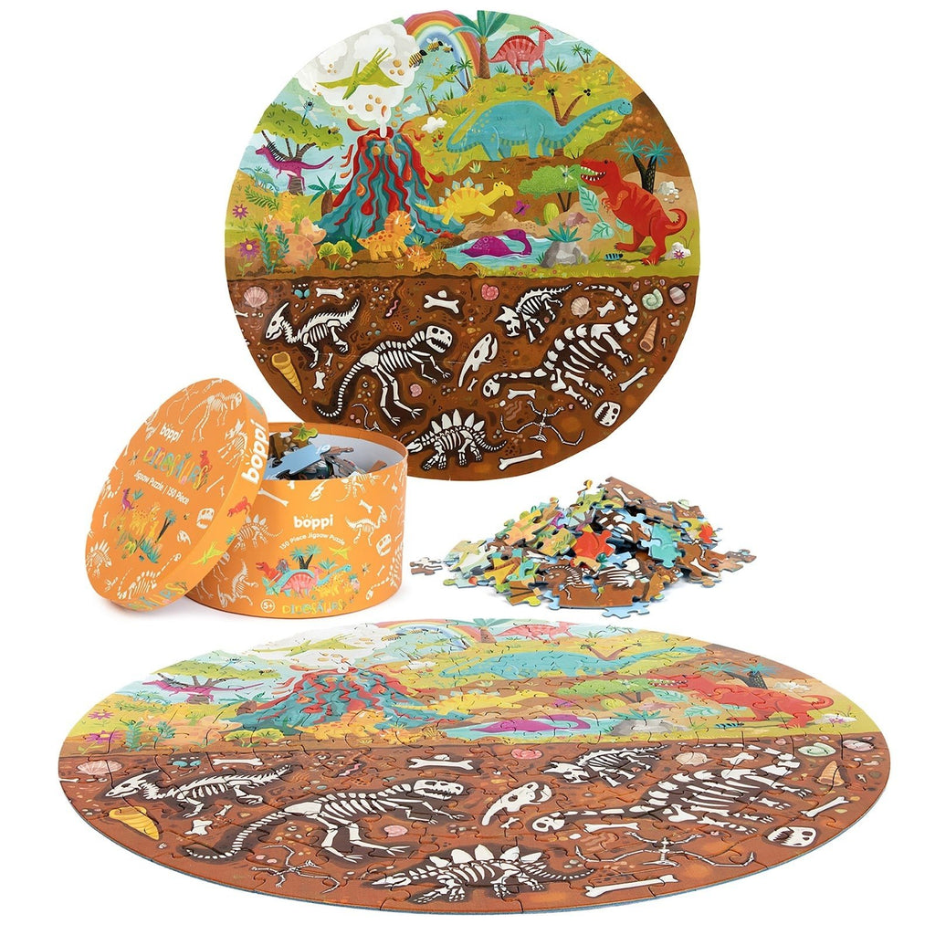 Ronde dinosaurus puzzel voor kinderen met bijhorende opbergdoos en losse puzzelstukken.