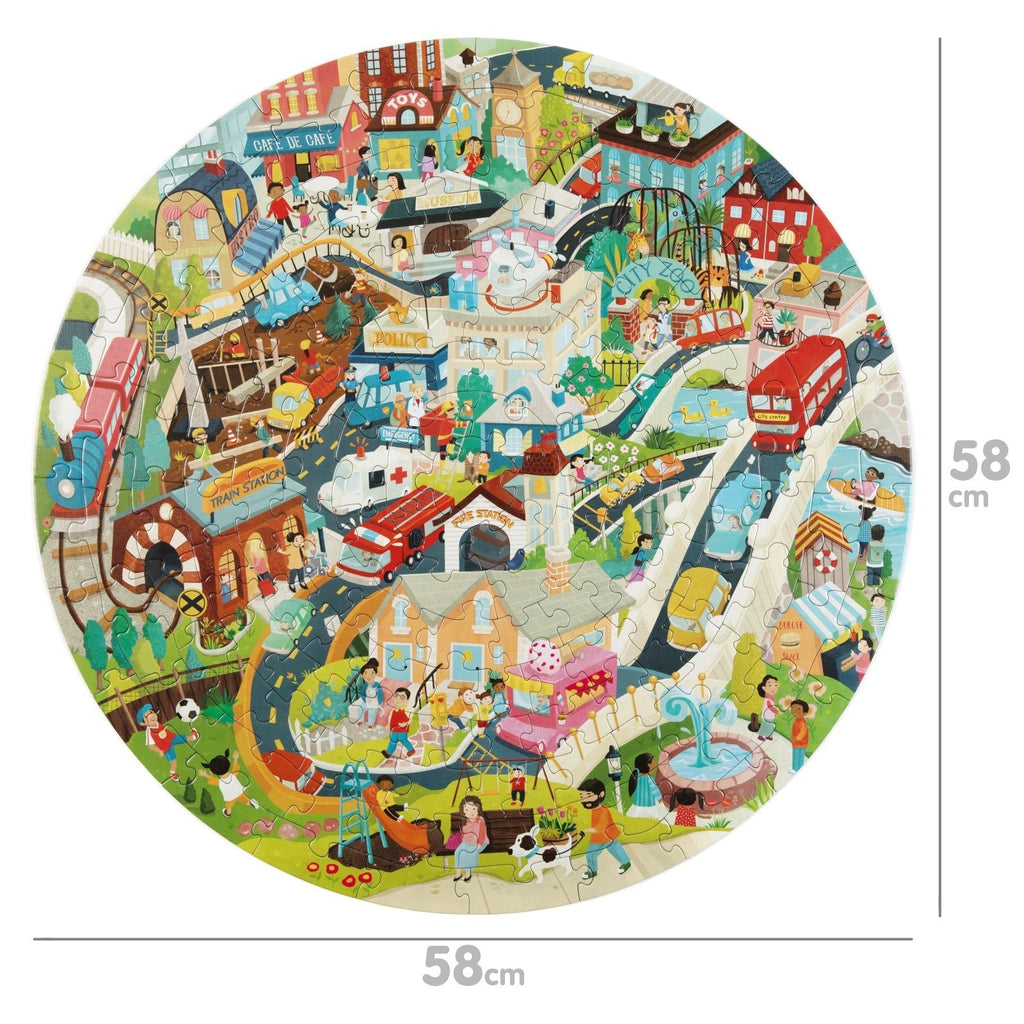Ronde kinderpuzzel met stadsleven-thema met een diameter van 58 cm, gedetailleerde illustratie van een stad.